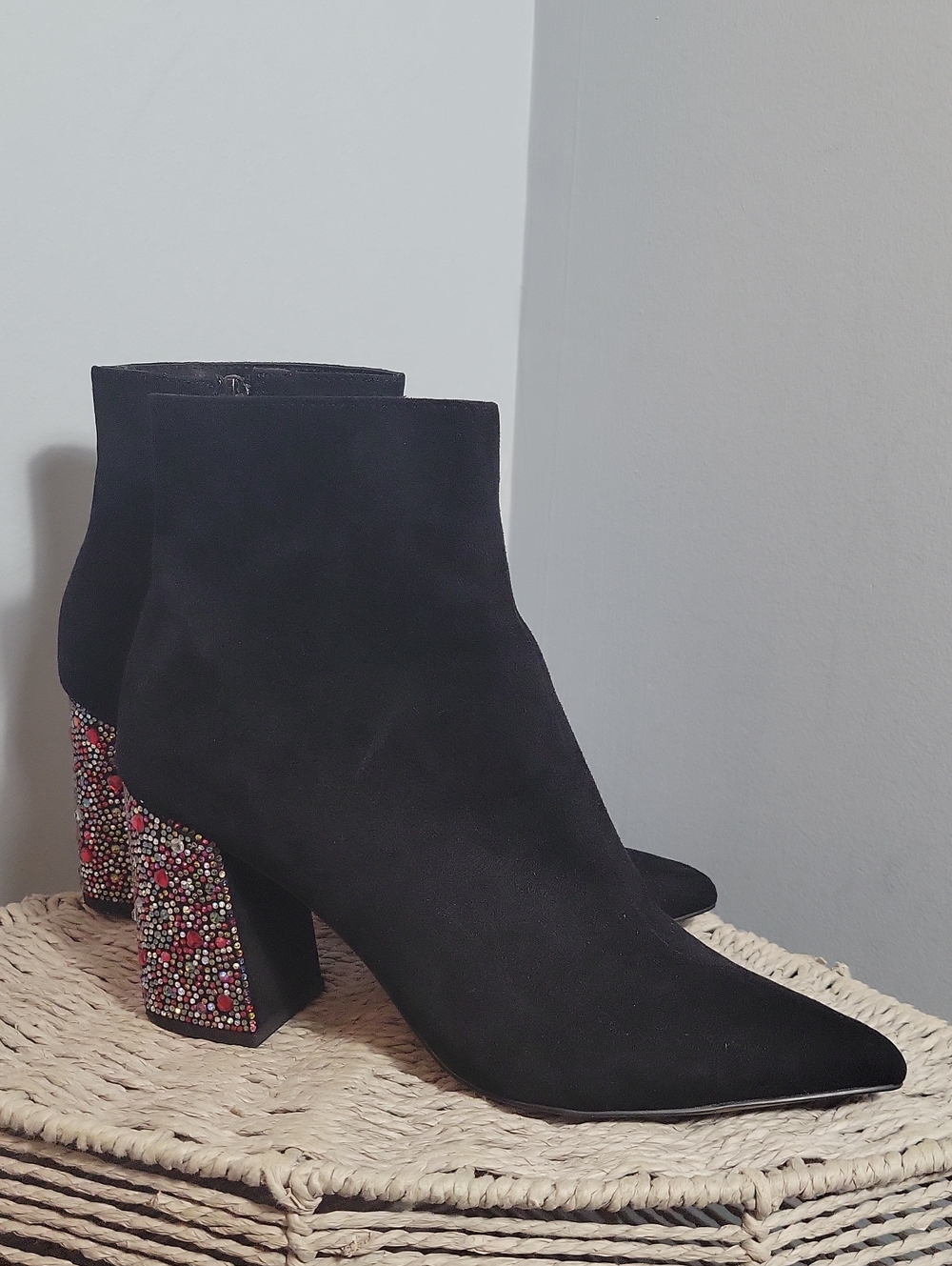 Betsey Johnson Black Suede Ankle Boots with Embellished Block Heel